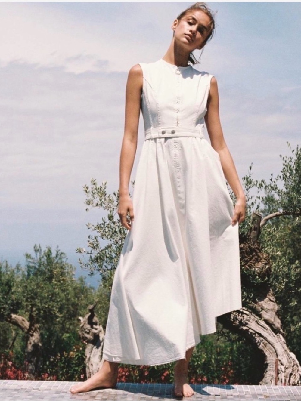 Zara Sleeveless White Maxi Dress with Buttoned Waist